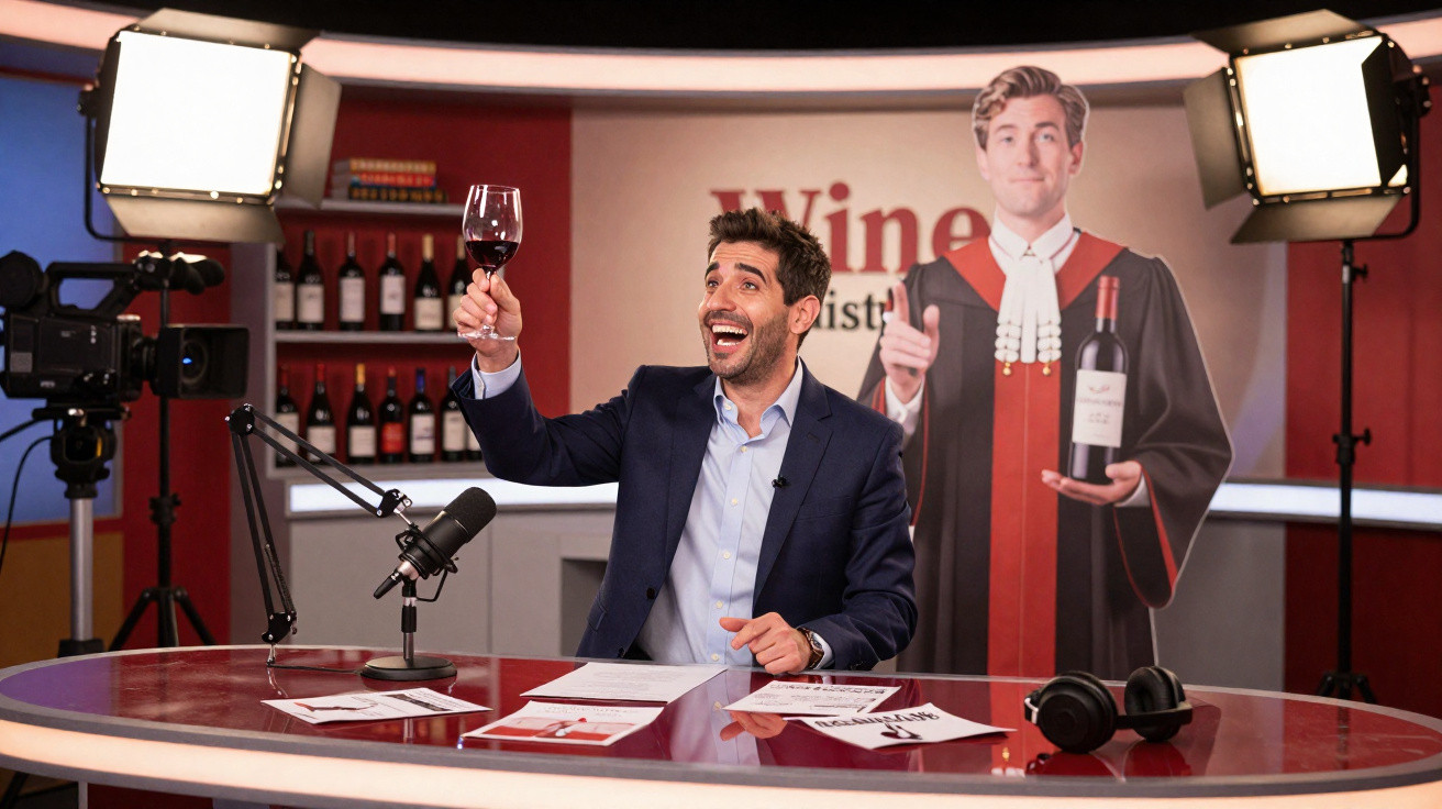Apresentador num estúdio de gravação a brindar com copo de vinho tinto, com microfone e câmara em foco.