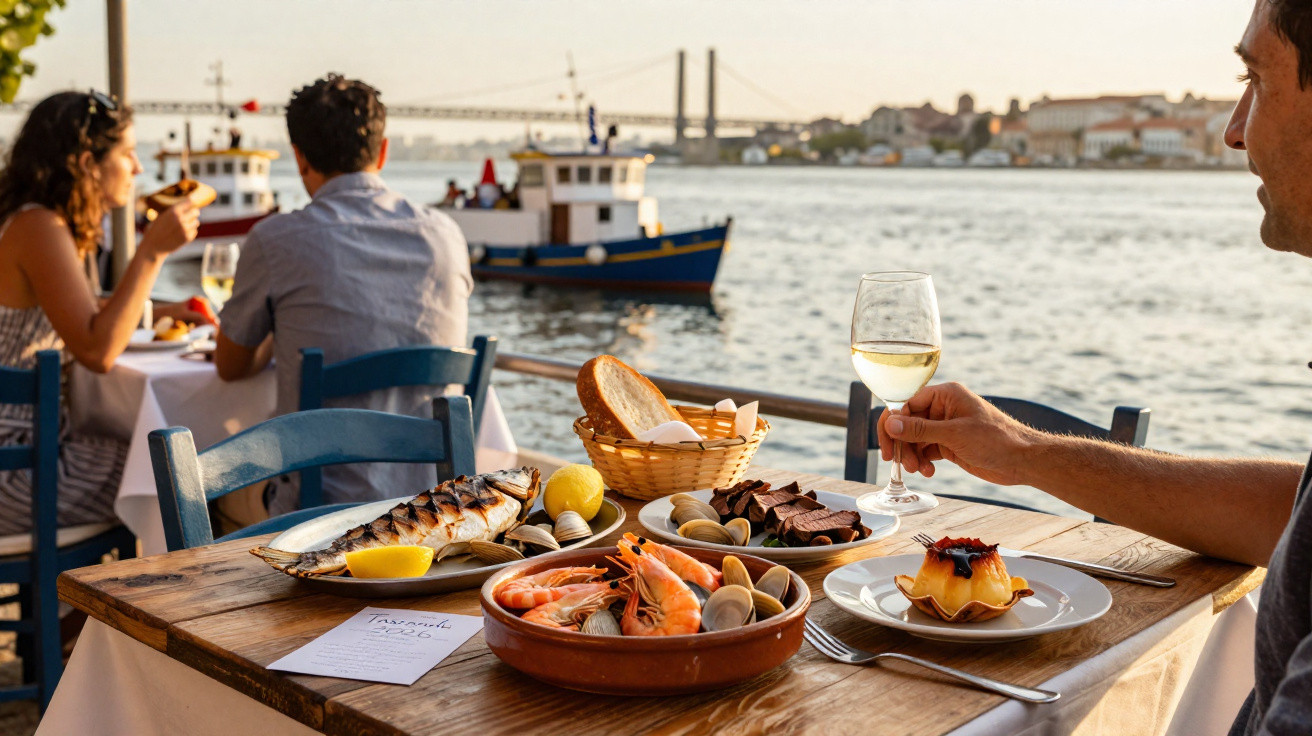 Mesa de madeira com marisco e peixe, pessoas a jantar junto ao rio ao pôr do sol com barco ao fundo.