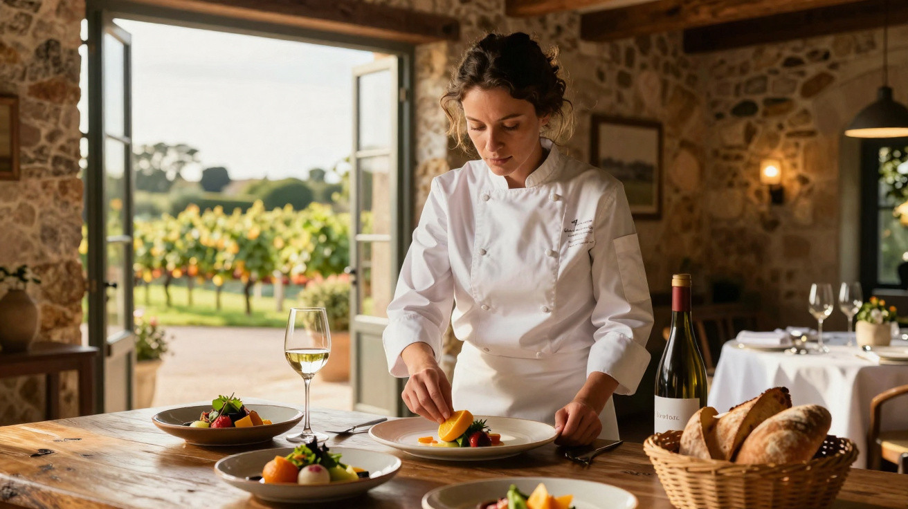 Chef prepara prato numa mesa de madeira com vinhas ao fundo, em ambiente rústico e iluminado.