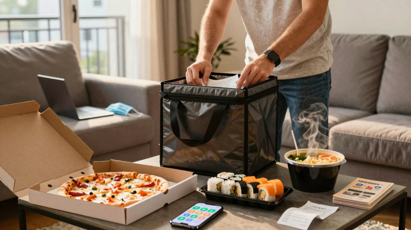 Pessoa a retirar comida de uma bolsa térmica numa sala com pizza, sushi, comida quente e telemóvel numa mesa.