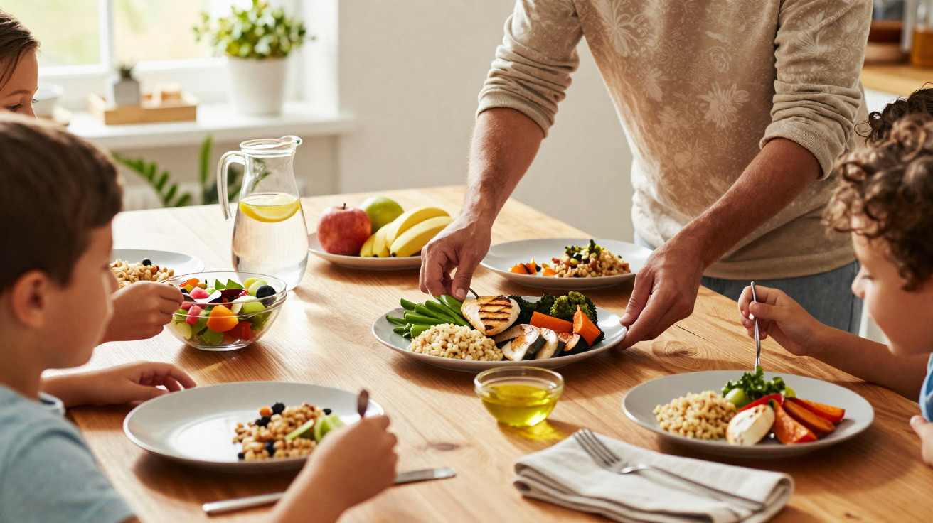 Adulto a servir prato com legumes e arroz a três crianças sentadas à mesa, preparando-se para jantar.
