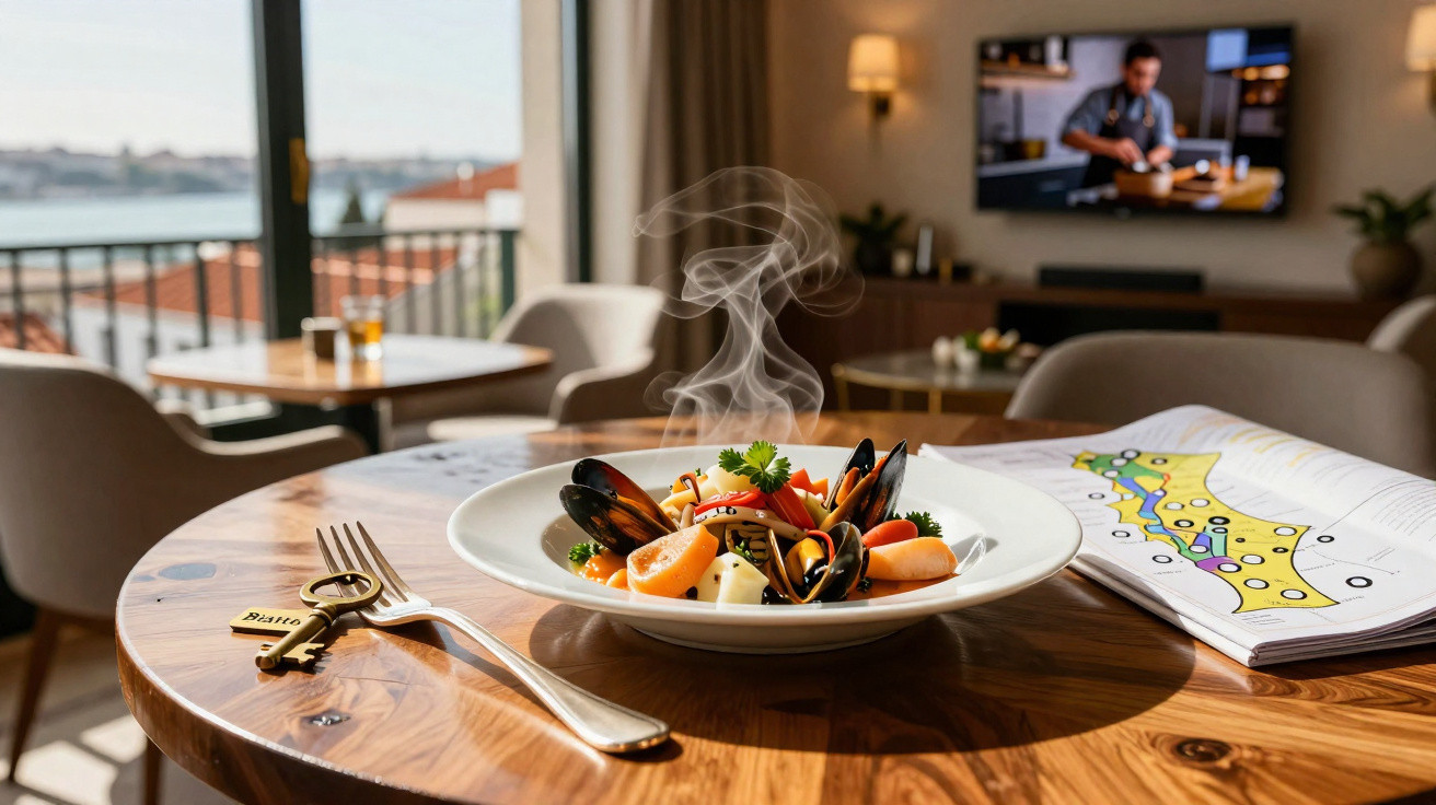 Prato fumegante de marisco servido numa mesa de madeira numa sala com vista para o mar e televisão ligada.