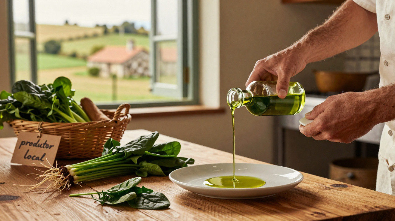 Pessoa a deitar azeite num prato branco numa cozinha com legumes frescos locais sobre a mesa de madeira.