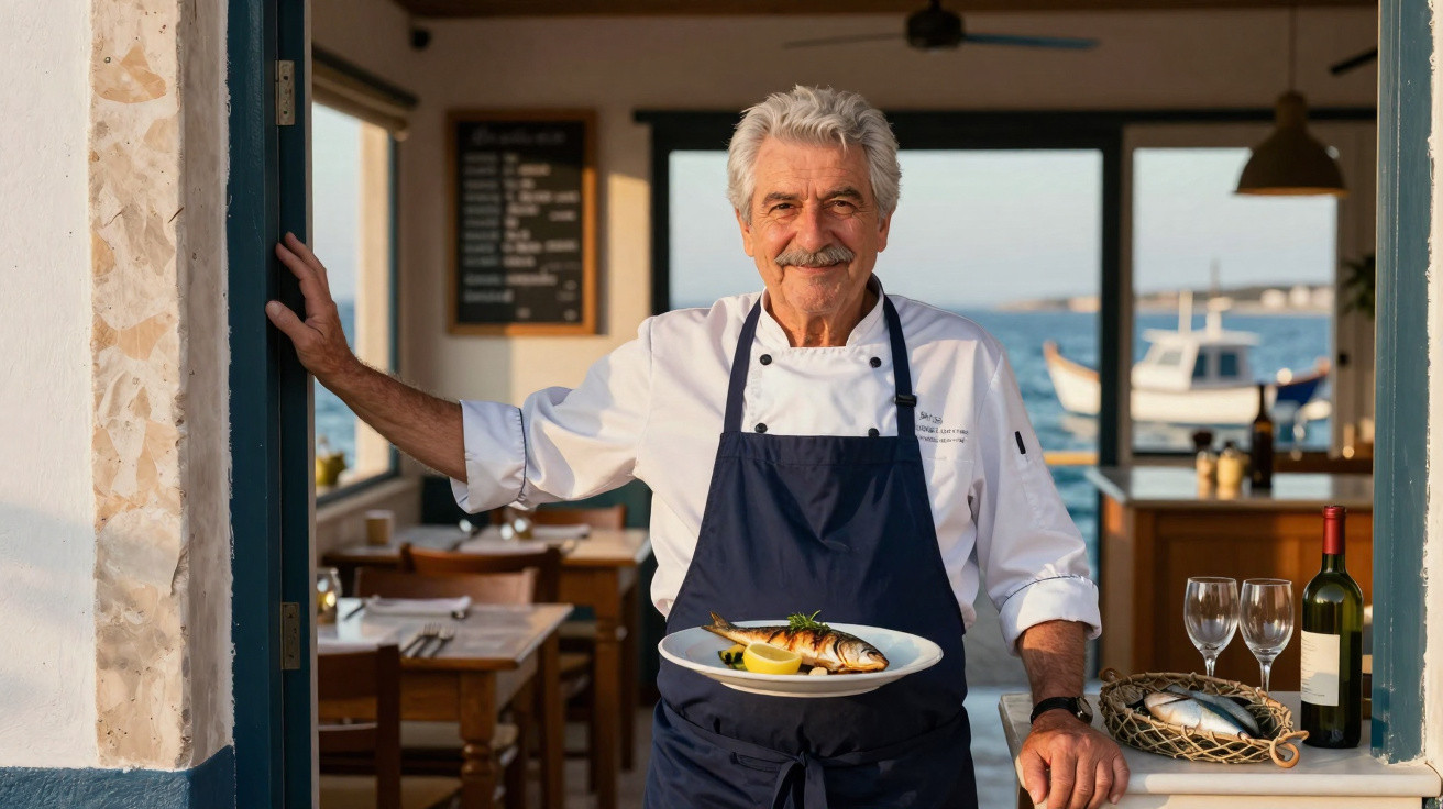 Chefe de cozinha idoso com bata e avental, segurando um prato com peixe grelhado num restaurante com vista para o mar.