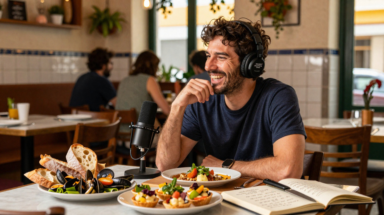 Homem com auscultadores a sorrir num café com pratos de comida e microfone à frente.