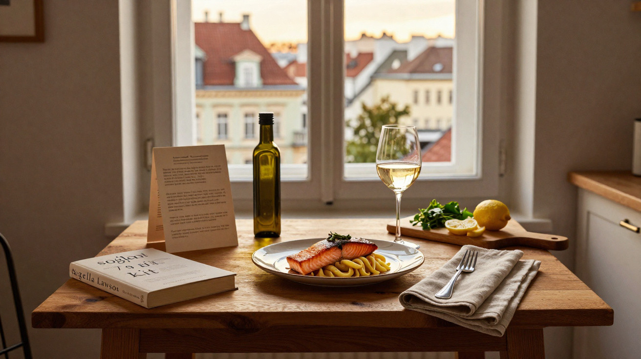 Prato com salmão e massa, copo de vinho branco, garrafa de azeite, livro e limão numa mesa de cozinha junto à janela.