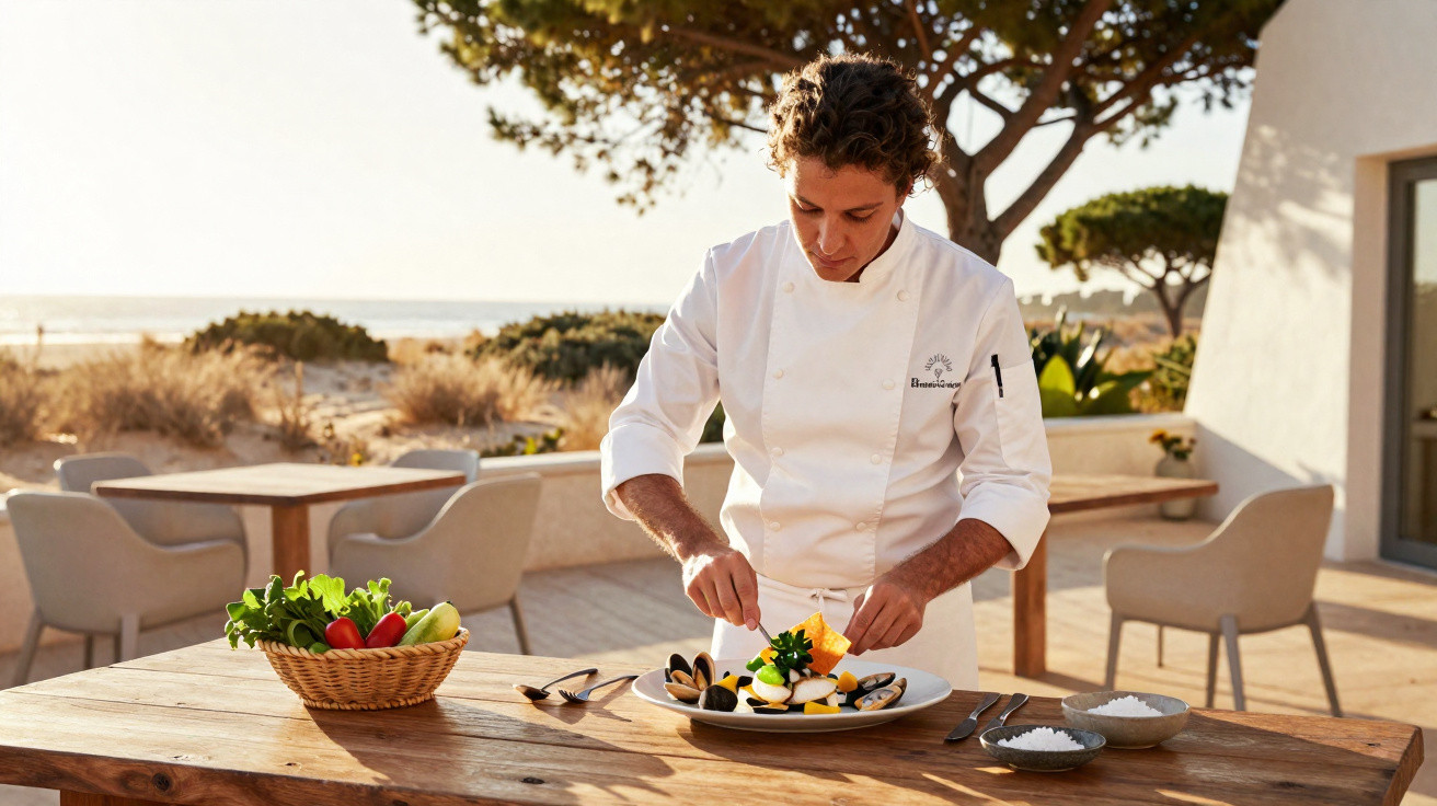 Chef a preparar prato com marisco ao ar livre num restaurante com vista para a praia.