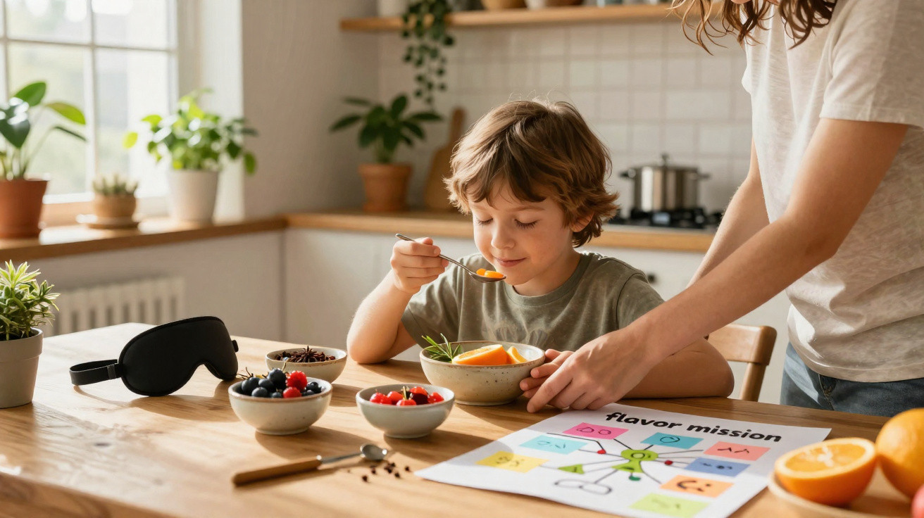 Criança comendo fruta numa cozinha, com uma mulher a ajudar e várias tigelas com frutos e um jogo de sabores na mesa.
