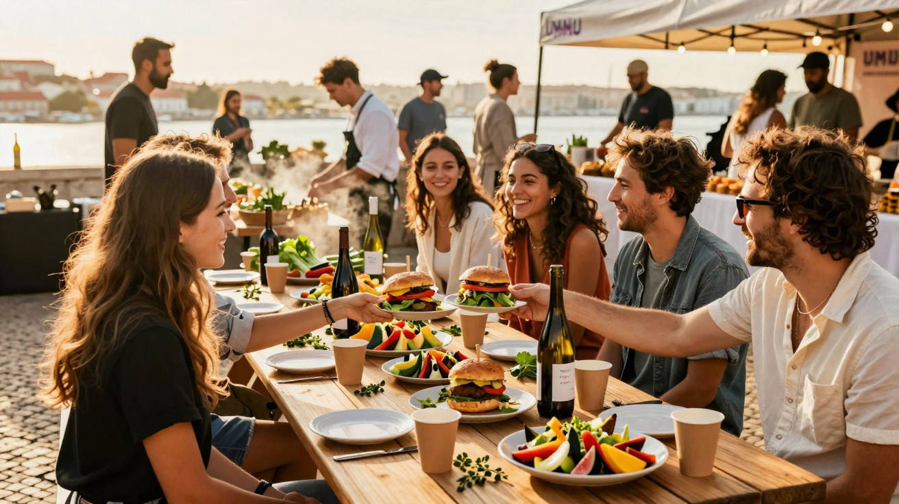 Grupo de amigos a partilhar uma refeição ao ar livre com hambúrgueres e saladas junto à água ao pôr do sol.