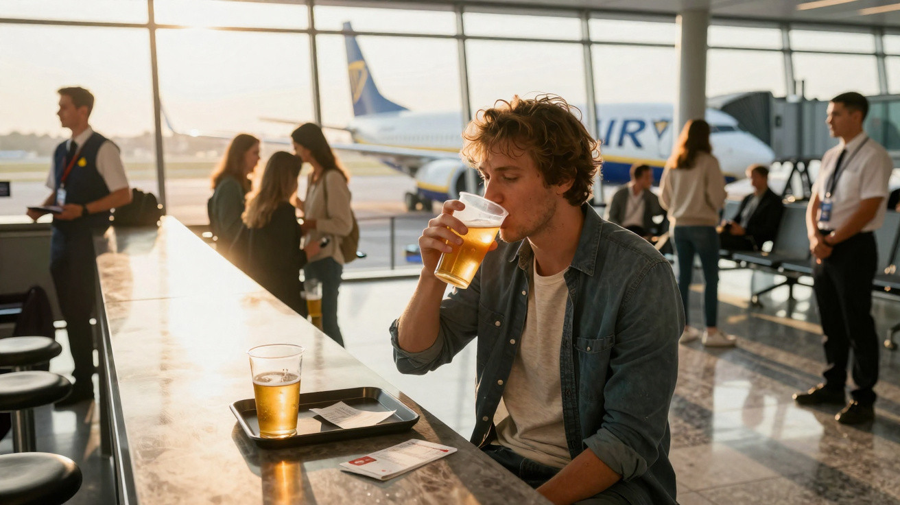 Homem sentado a beber cerveja num bar de aeroporto com avião visível pela janela ao fundo.