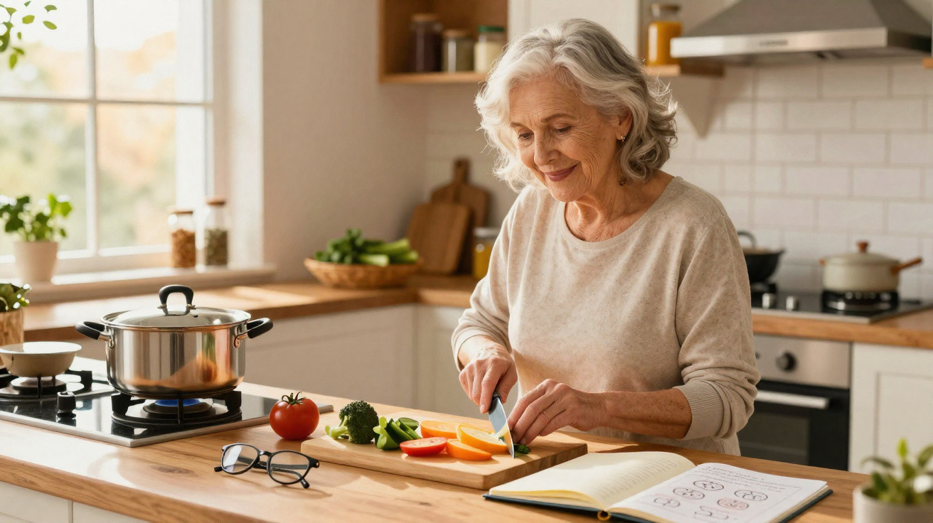 Mulher sénior a cortar legumes na cozinha moderna com livro de receitas aberto e tacho ao lume.