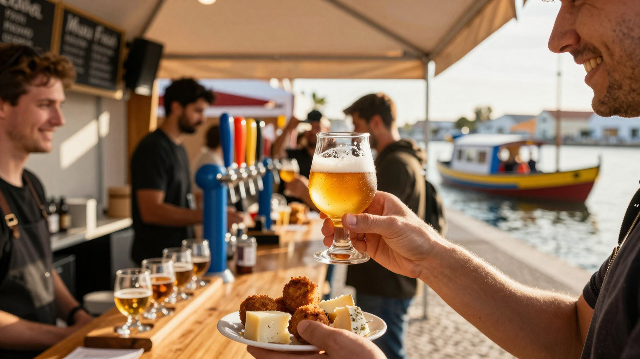 Pessoa segurando copo de cerveja e prato com petiscos num bar junto a um cais com barcos coloridos.