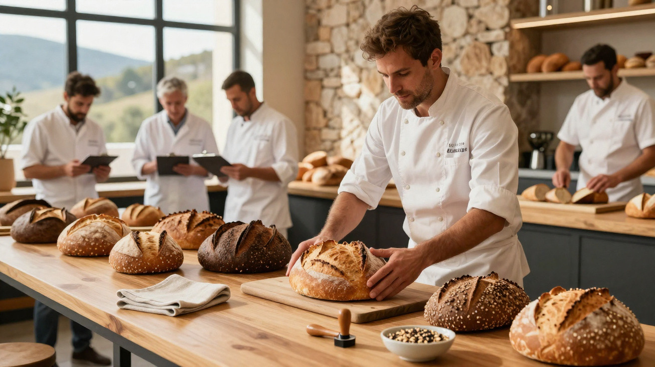 Homem a inspecionar pão artesanal numa mesa com vários tipos de pão, enquanto outros homens analisam documentos.