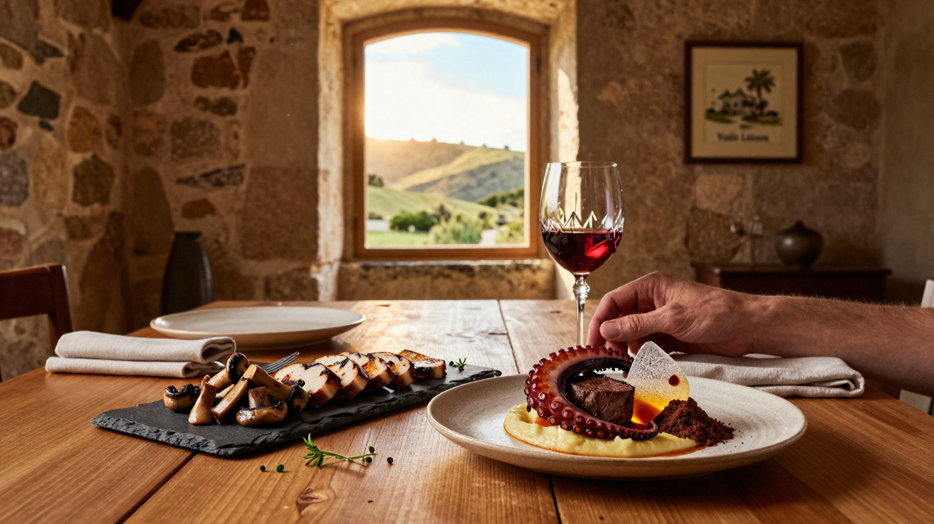 Prato gourmet com polvo e vinho tinto numa mesa de madeira junto a uma janela rústica com vista campestre.