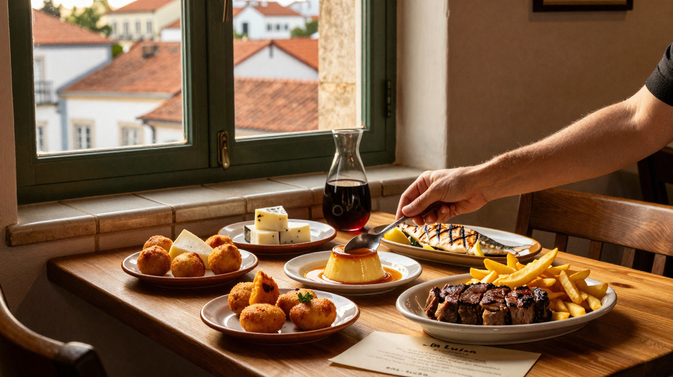 Mesa de madeira com pratos de comida tradicional portuguesa e pessoa a servir sobremesa junto à janela.