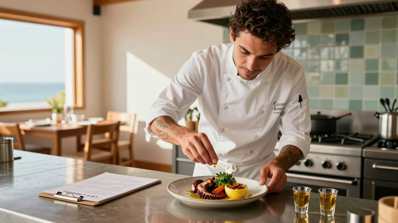 Chef a decorar um prato com polvo e limão grelhado numa cozinha moderna e iluminada.
