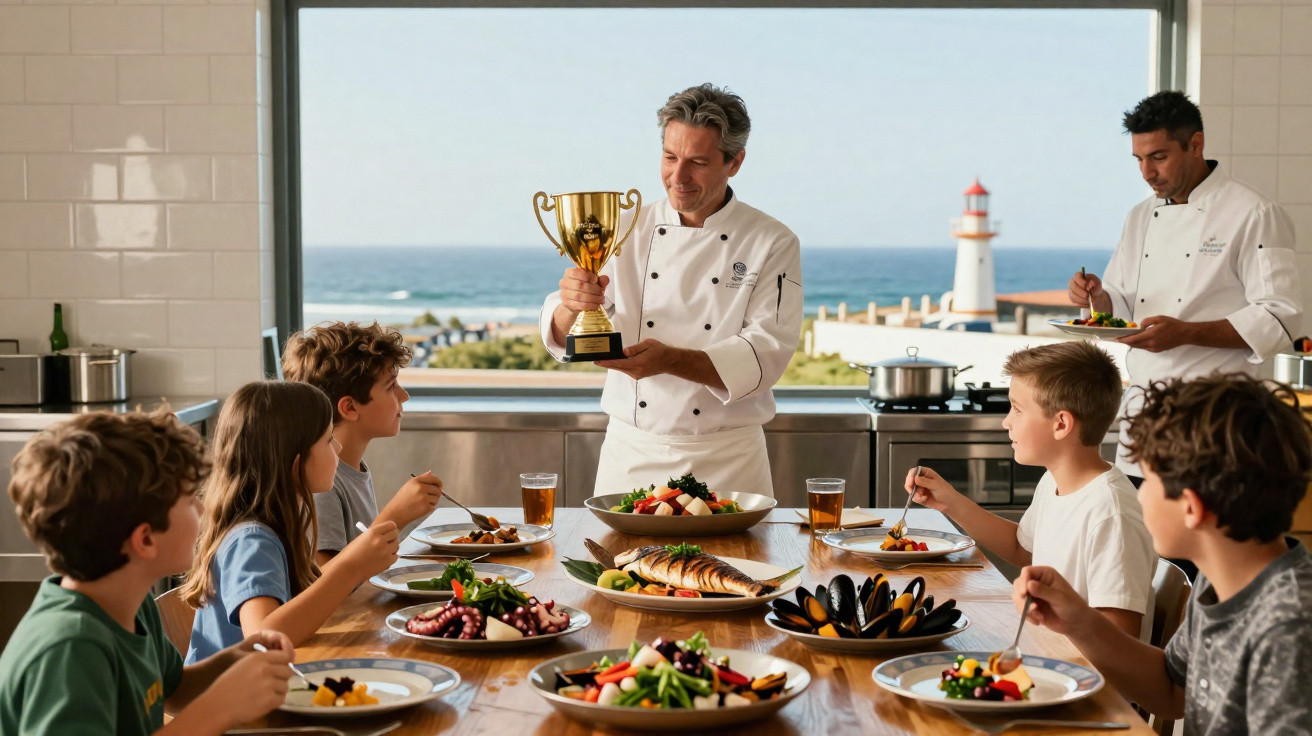 Chef mostra troféu a seis crianças sentadas à mesa com pratos de frutos do mar e vegetais, vista para o mar e farol.