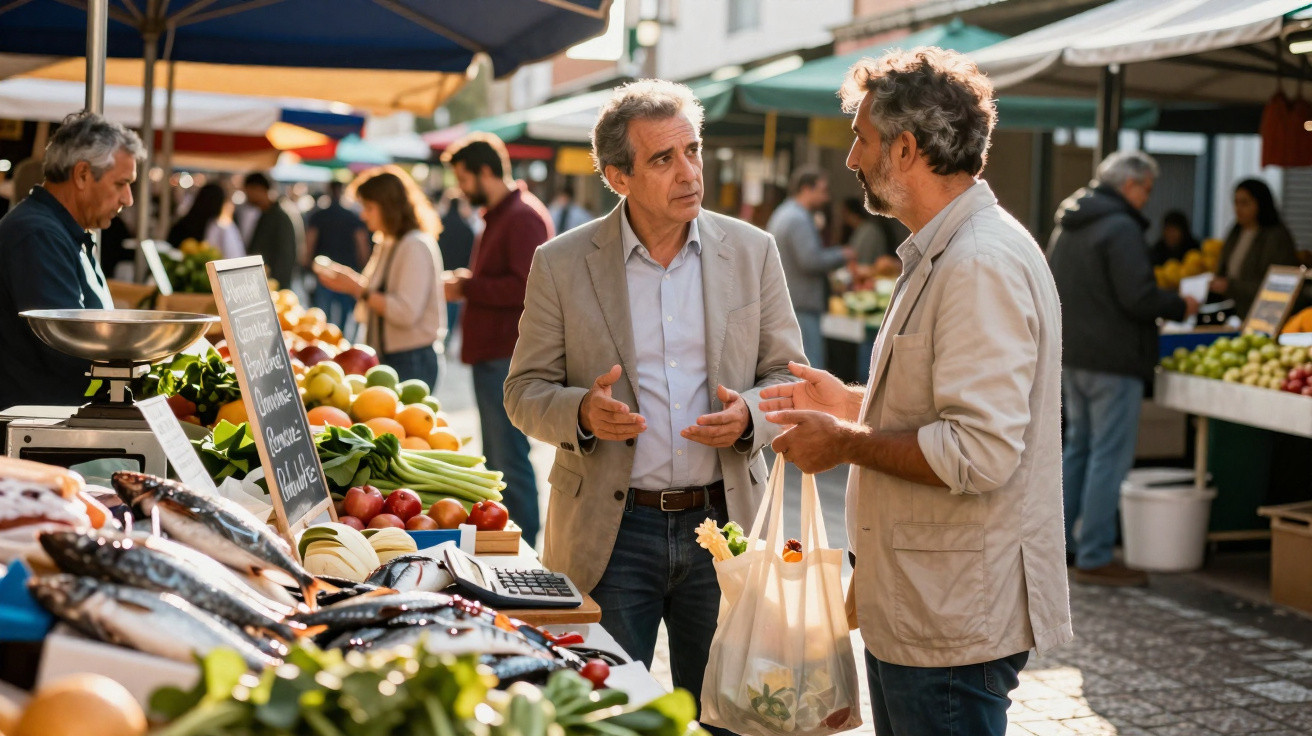 Dois homens conversam num mercado ao ar livre junto a bancas de peixe e fruta fresca.