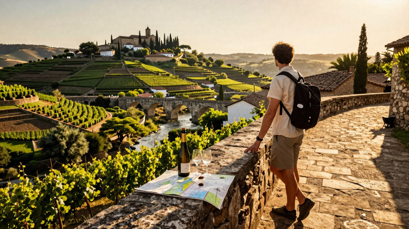 Homem com mochila observa vinhas e antiga ponte numa paisagem rural ao pôr do sol.