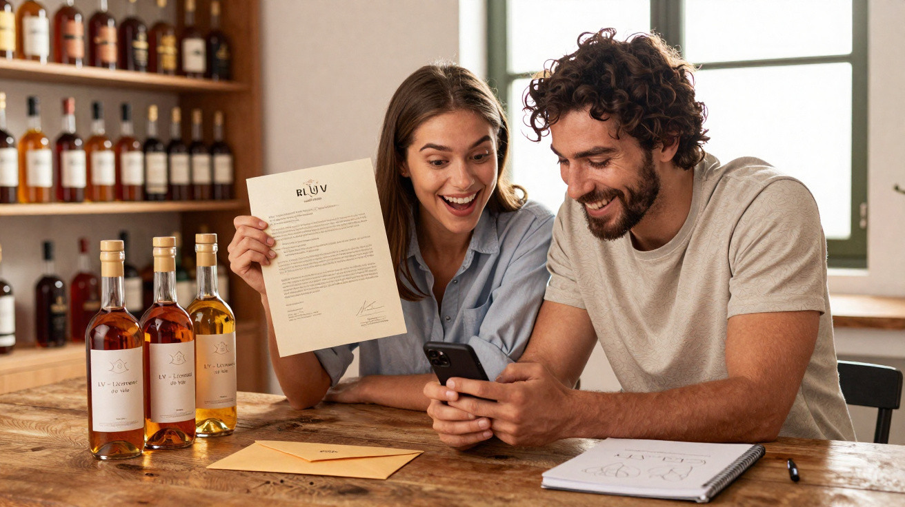 Casal sentado à mesa com garrafas de bebida, olhando entusiasmado para o telemóvel e documento na mão.