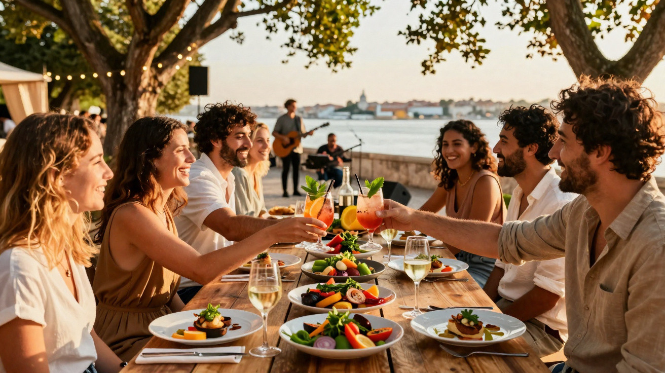 Grupo de amigos a brindar numa mesa ao ar livre com comida e bebidas, junto a um rio ao pôr do sol.