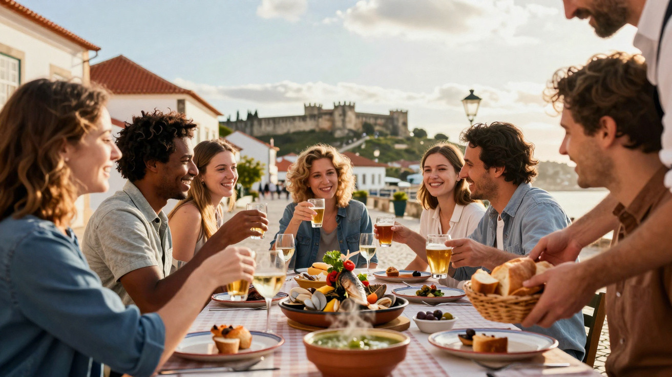 Grupo de amigos a brindar e partilhar uma refeição ao ar livre com castelo ao fundo durante o entardecer.