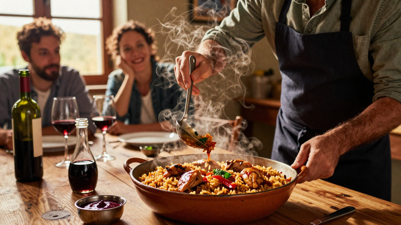 Pessoa a servir arroz de marisco fumegante numa panela grande enquanto duas pessoas esperam sentadas à mesa com copos de vinh