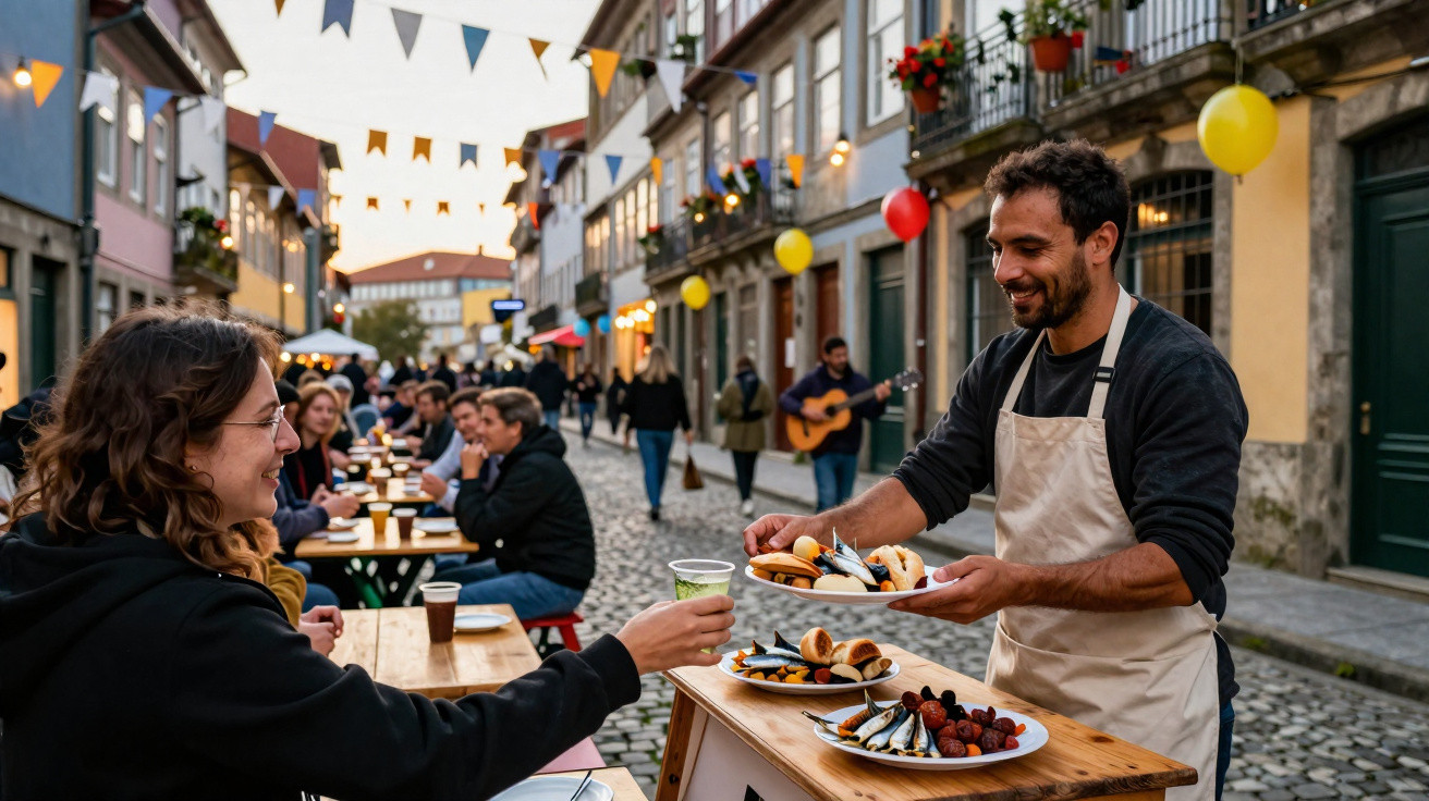 Homem a servir comida a mulher num evento ao ar livre numa rua com mesas e decoração festiva.