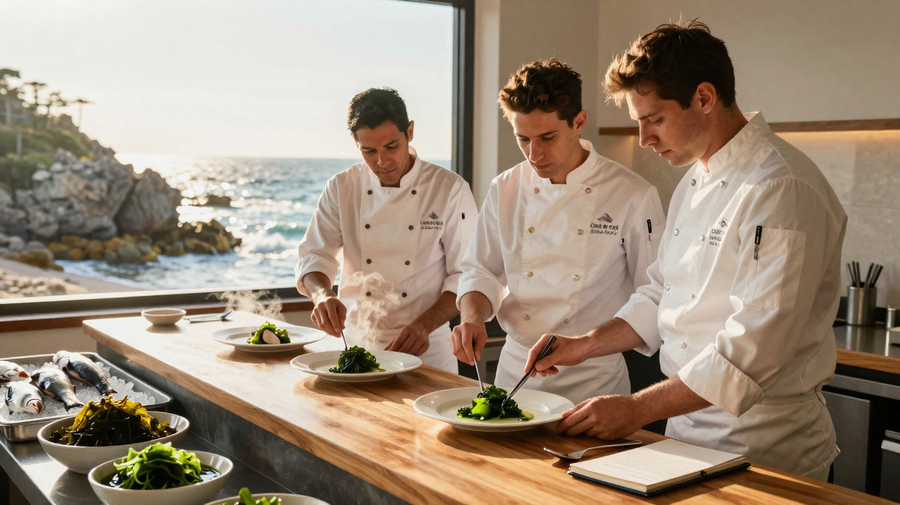 Três chefs em uniformes brancos preparam pratos com legumes verdes à beira da janela com vista para o mar.