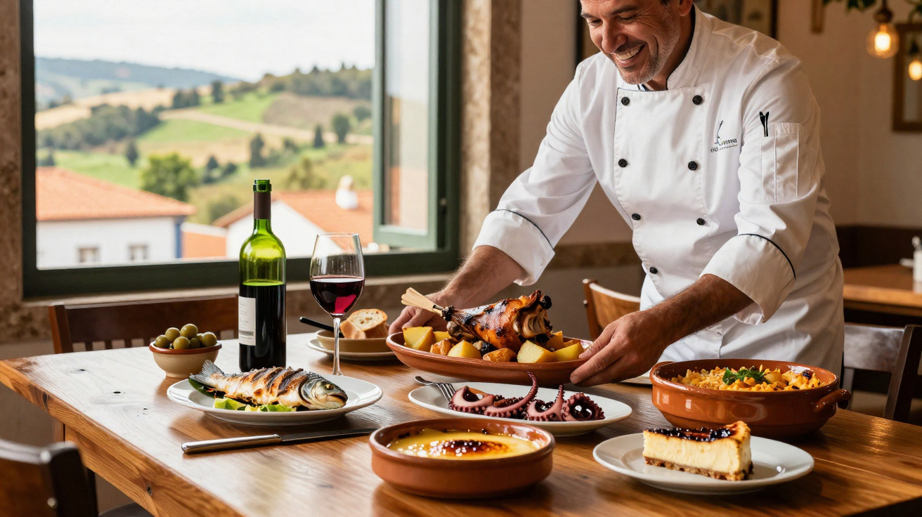 Chef a servir polvo grelhado com batatas, rodeado de pratos tradicionais portugueses e vinho tinto.