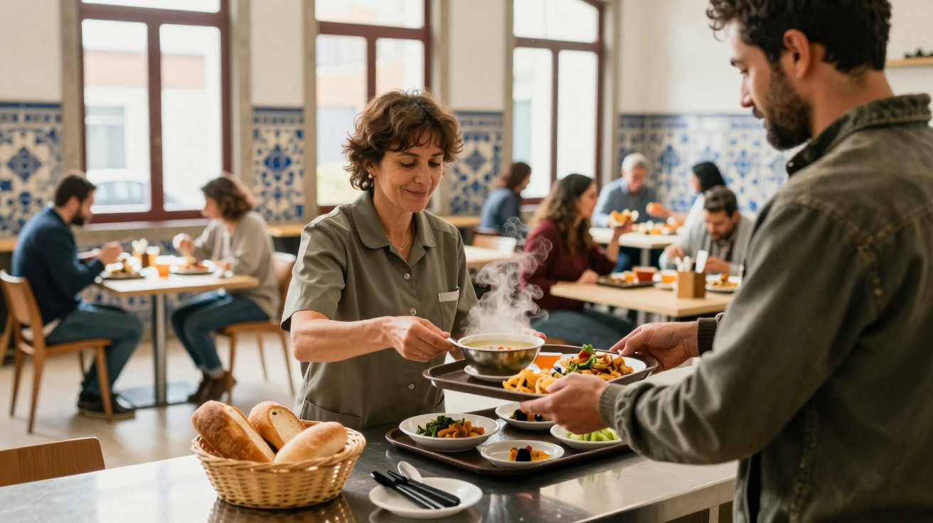 Funcionária a servir sopa quente a cliente numa cantina com painéis de azulejos tradicionais e várias pessoas a comer ao fund