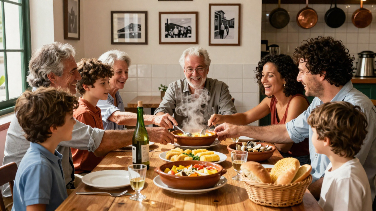 Família de três gerações sentada em volta da mesa, partilhando uma refeição caseira e a sorrir.