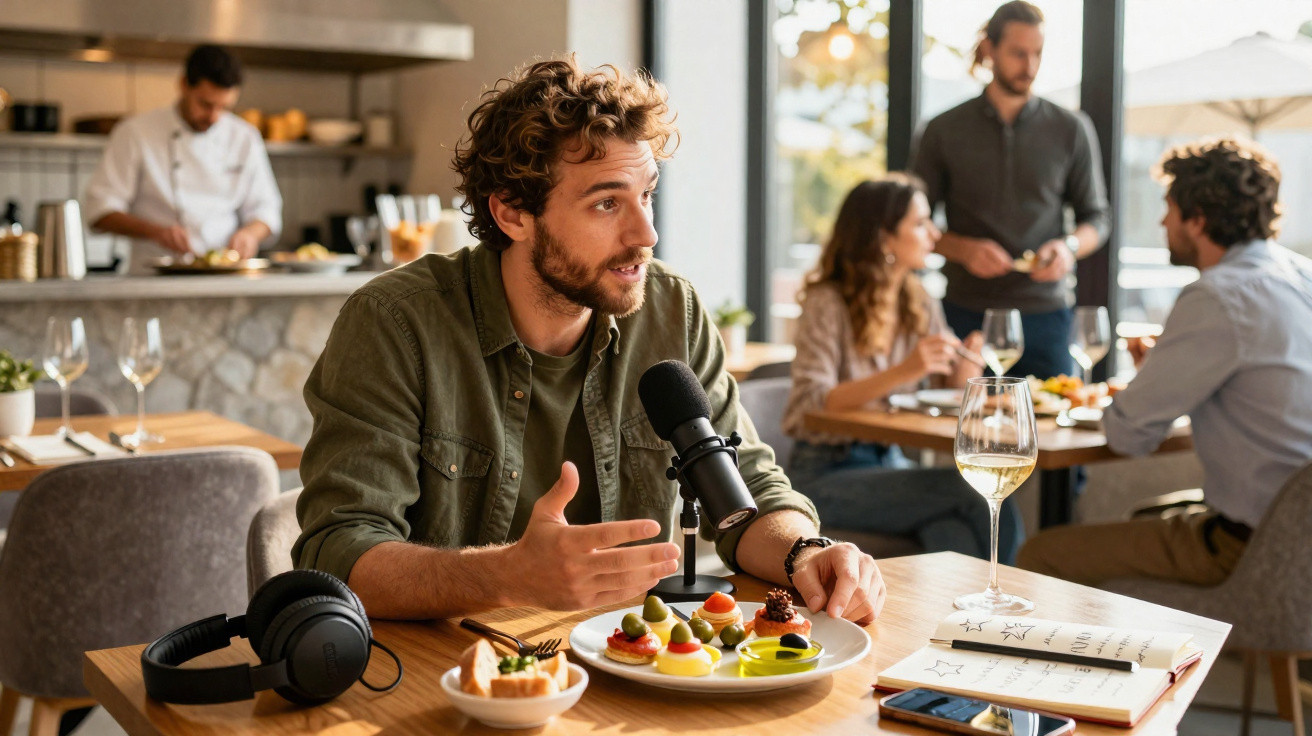 Homem a gravar podcast num restaurante com comida à sua frente e auscultadores ao lado.