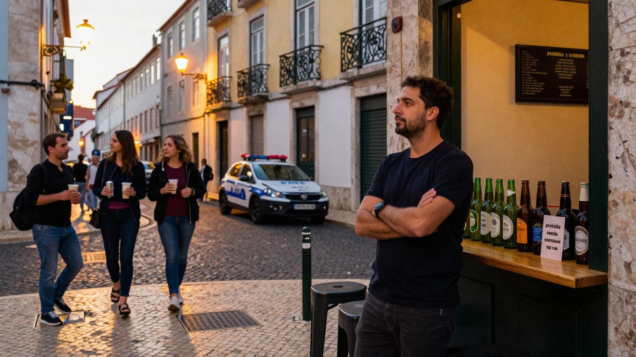 Homem de braços cruzados junto a bar com garrafas, enquanto três pessoas caminham numa rua de calçada portuguesa.
