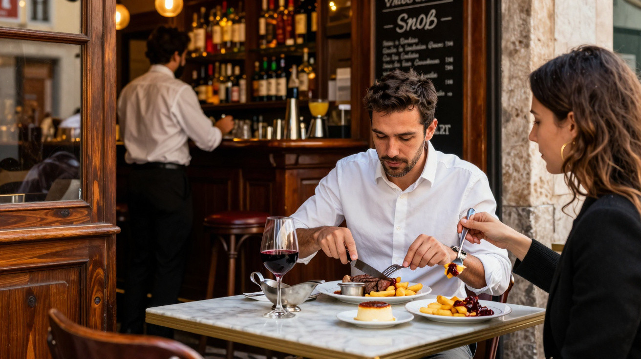 Casal a jantar num restaurante com vinho, pratos e sobremesa numa mesa ao ar livre.