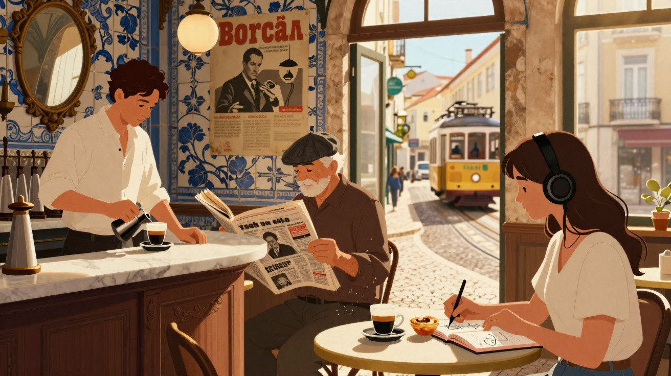 Café tradicional com azulejos, homem a ler jornal, jovem a desenhar e elétrico amarelo de Lisboa à porta.