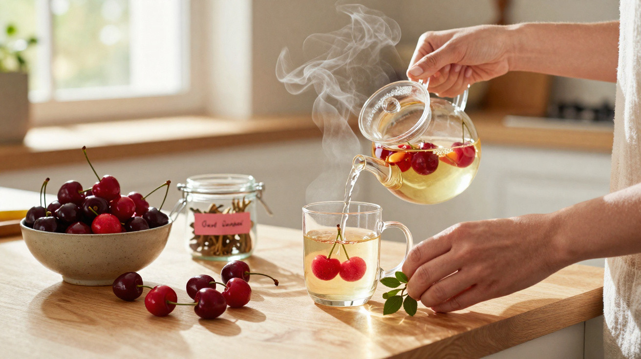 Pessoa a servir chá quente com cerejas num copo de vidro numa cozinha luminosa e moderna.