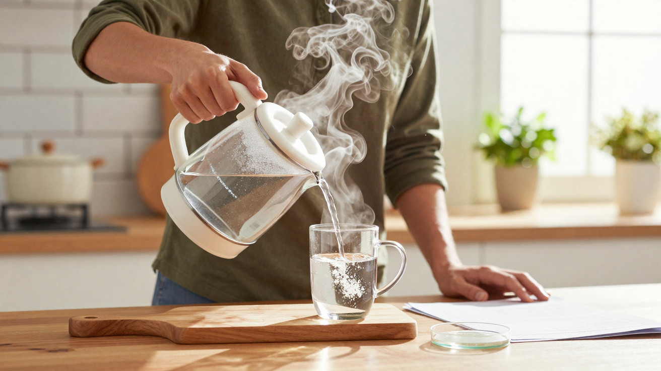 Pessoa a verter água quente de um jarro elétrico para uma chávena transparente numa cozinha iluminada.