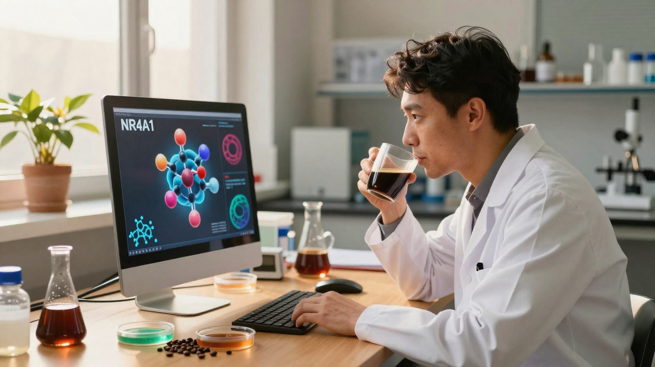 Cientista em bata branca bebe café enquanto analisa moléculas coloridas num ecrã de computador num laboratório.