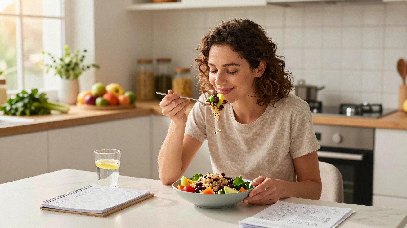 Mulher sorridente a comer salada saudável numa cozinha moderna, com documentos e um copo de água na mesa.
