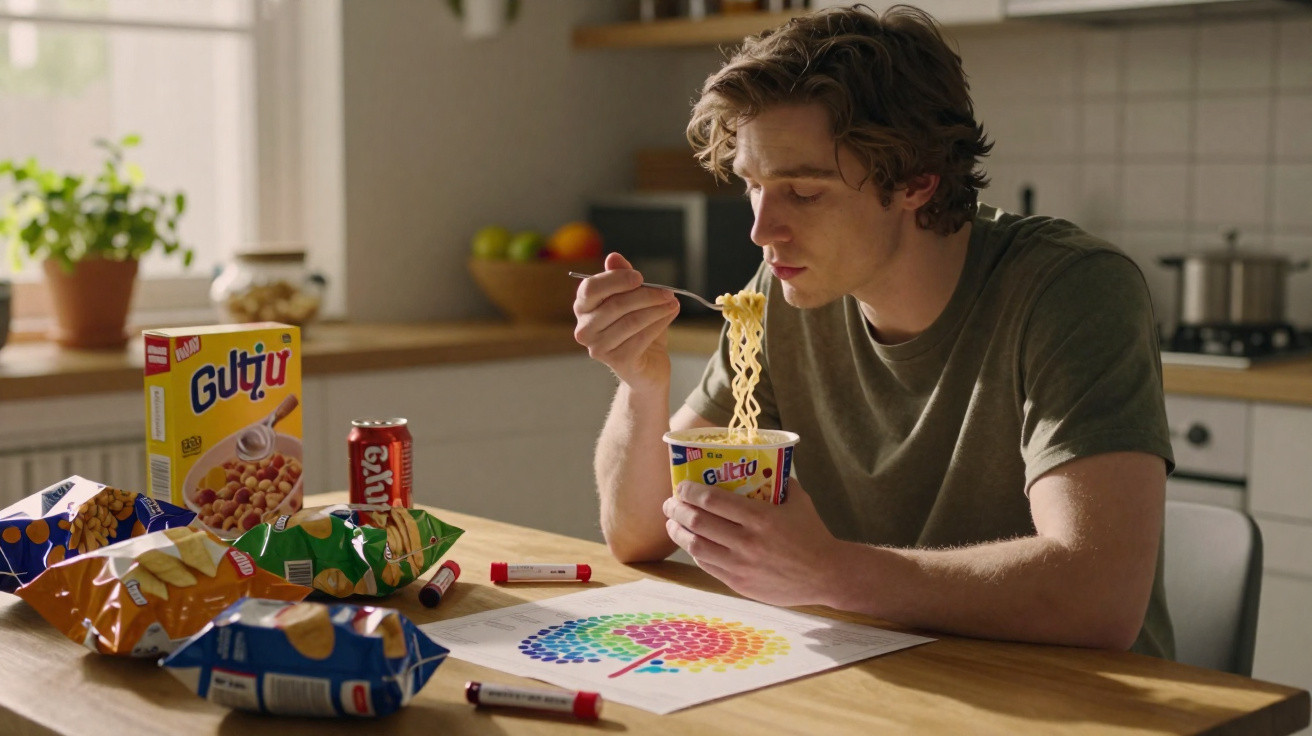 Jovem sentado à mesa, a comer noodles instantâneos, rodeado de snacks e material de desenho.