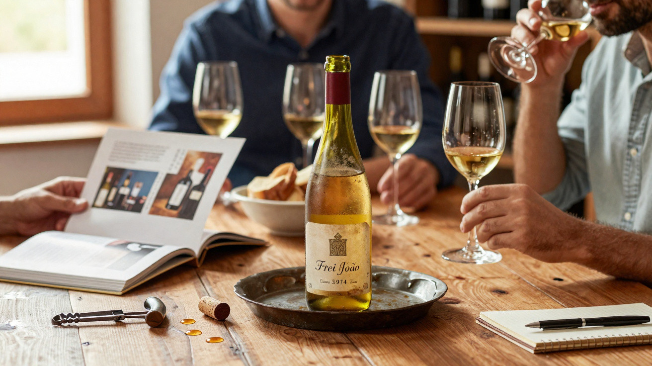 Mesa de madeira com garrafa de vinho branco Frei João e quatro copos, pessoas a degustar e livro aberto.