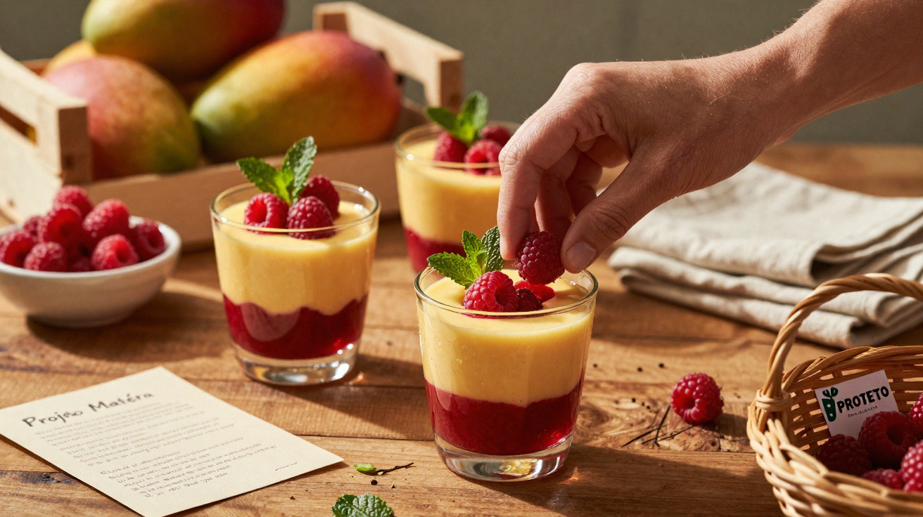 Taças com sobremesa de mousse de manga e framboesa, decoradas com framboesas e folhas de hortelã.