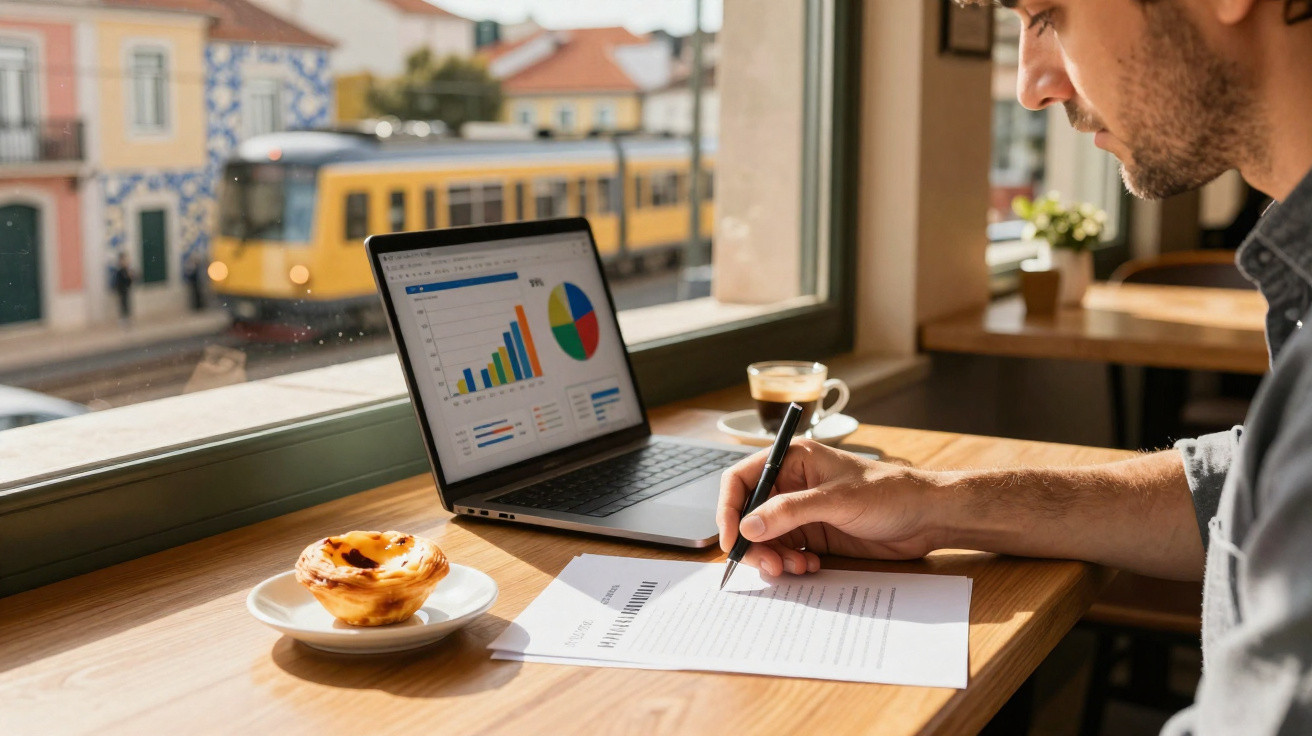 Homem a trabalhar num café com portátil, documentos, um pastel de nata e café numa mesa junto a uma janela.