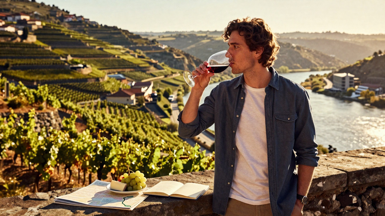 Homem a provar vinho tinto numa vinícola com vista para a vinha e rio ao entardecer.