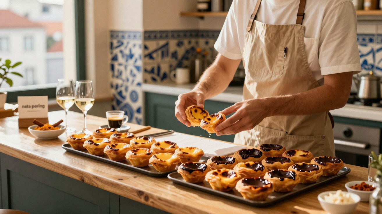 Pessoa a preparar pastéis de nata num balcão com várias travessas cheias das sobremesas tradicionais portuguesas.