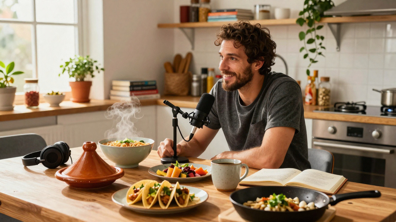 Homem sentado à mesa na cozinha com microfone, comida e livro aberto, a gravar podcast ou vídeo.