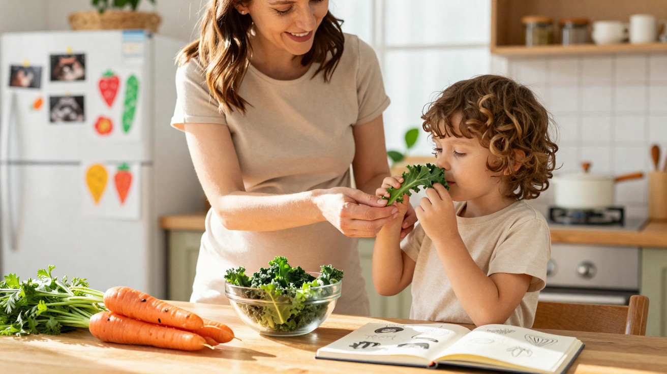 Mãe e filho cheiram folhas de couve na cozinha com legumes e livro de receitas sobre a mesa.