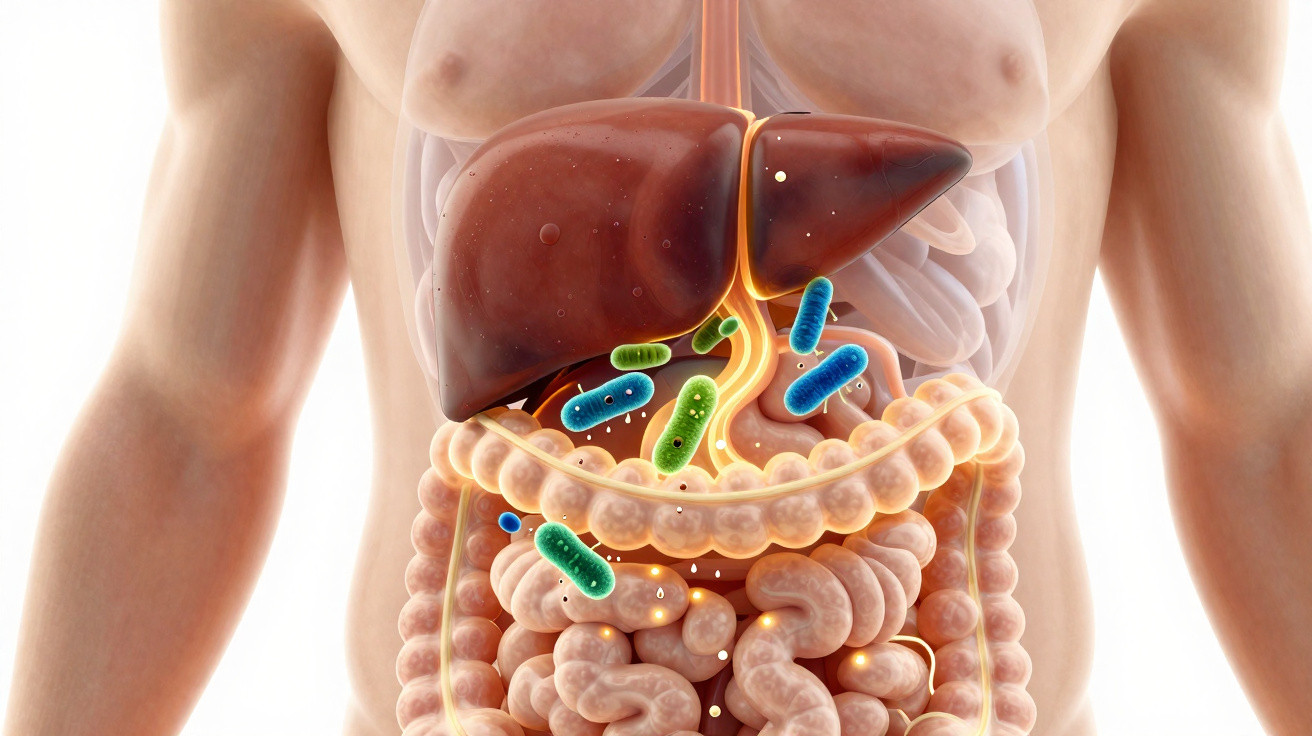 Ilustração dos órgãos digestivos humanos com bactérias coloridas representando o microbioma intestinal.