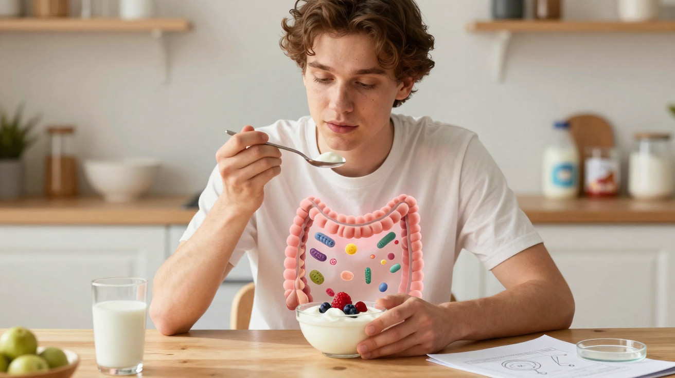Jovem a comer iogurte com ilustração do intestino e bactérias a mostrar saúde digestiva.